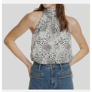 NWT- Joie 'Erola B' Printed Mock-Neck Halter Top, Porcelain/Black - Size Small